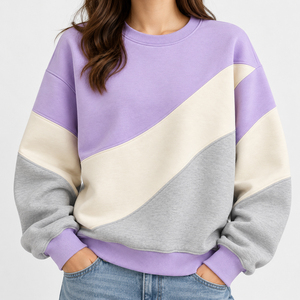 Sweat-shirt à col rond pour femme, colorblock, coupe ample, épaules tombantes, avec empiècements contrastants incurvés, style streetwear décontracté - Product Image 5