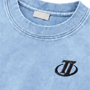 T-shirt en coton oversize bleu clair délavé vintage avec logo brodé sur la poitrine, tee-shirt unisexe streetwear - Product Image 4