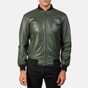 Men's Green Genuine <b>Leather</b> Streetwear Bomber <b>Jacket</b> with Stand Collar Zipper Closure Casual <b>Winter</b> Outwear - Product Image 4
