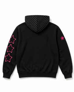 Sudadera con Capucha Negra con Estrellas de Pedrería Rosa en las Mangas y Forro de Puntos, Unisex, Informal, para Otoño - Product Image 2