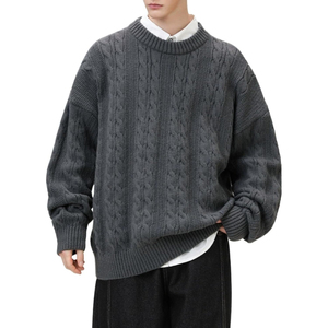 เสื้อสเวตเตอร์ไหมพรมถักลายเคเบิ้ล คอกลม สีเทาล้วน แขนยาว ไซส์ใหญ่ ผ้าขนสัตว์หนา สำหรับฤดูหนาว ถักด้วยมือ - Product Image 5