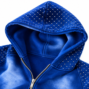 Conjunto de Sudadera con Capucha y Pantalones Cortos de Algodón 100% de Alto Gramaje, Estilo Urbano Unisex, Vintage, Desgastado, Lavado Ácido, con Pedrería - Product Image 5