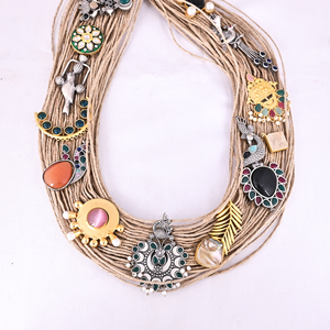 Boho Multi-Strand Jute Artisan Charm <b>Statement</b> <b>Necklace</b> - Product Image 1