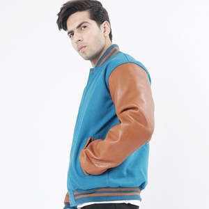 Veste de sport en laine bleue pour homme avec manches en cuir marron, col rabattu, vêtement décontracté pour l'automne - Product Image 6