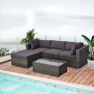 Set di Mobili da Esterno in Rattan a 5 Pezzi, Divano Componibile con Cuscini, Tavolino in Vetro per Uso Esterno - Product Image 2