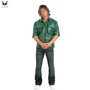 Deep Green <b>Half</b>-Sleeve Stand Collar Breathable Lightweight Comfortable Men's Pu Leather <b>Shirts</b> New Arrival Trendy Outerwear - Product Image 2