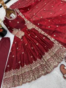 Robe Anarkali pour femme, lourdement brodée de sequins, avec dupatta, en soie, style salwar kameez, pour mariage, fête, Diwali - Product Image 6
