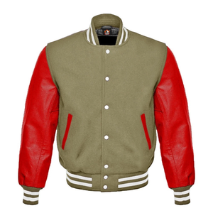 Custom <b>Jacket</b> Cream Beige Wool Red Real Leather Sleeves Letterman Baseball Varsity <b>Jacket</b> - Product Image 1