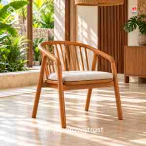Fauteuil de salle à manger de luxe en teck massif avec dossier à tiges courbées et coussin rembourré, style scandinave moderne pour restaurant et villa - Product Image 1