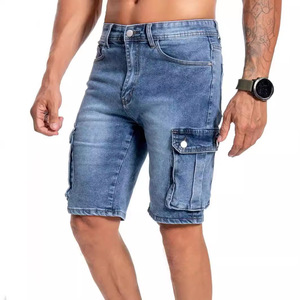 Shorts cargo en jean décontractés pour homme, coupe droite mi-haute, délavage clair, style vintage, pour l'été - Product Image 1