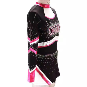 Ensemble d'uniformes de cheerleading noir et rose avec strass imprimés, robe à manches longues en polyester, pompons et nœuds pour adultes, sur mesure, haute qualité - Product Image 5