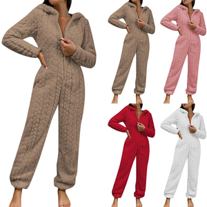 Pijama enterizo con capucha para mujer, de manga larga, color liso, de forro polar tejido, con cremallera, ropa cómoda para estar en casa, ropa de invierno - Product Image 6