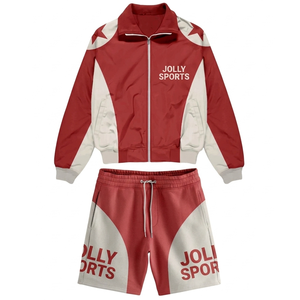 Mens Premium Polyester Windbreaker Short Set Red <b>White</b> Panel Design Custom Screen Print Logo Windbreaker Shorts Set for Men - Product Image 4