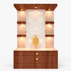 Teak Wood Home <b>Mandir</b> with LED Backlit Corian Backdrop | 75cm x 110cm Designer Puja Temple | <b>Mandir</b> with Storage Drawers - Product Image 1