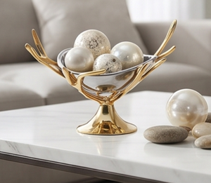 Bol de service élégant en métal haut de gamme, motif bois de cerf, base dorée polie, intérieur argenté, pour fêtes, salon, salle à manger et décoration intérieure - Product Image 4