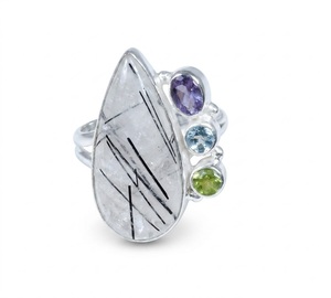 Wholesale Natural <b>Black</b> Rutile 925 Sterling Silver Multi Gemstone <b>Ring</b> with Iolite and Peridot Handmade Elegant Jewelry - Product Image 1