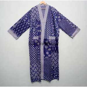 Bata Kimono Maxi de Algodón Puro con Rayas Frontales y Estampado de Bloques, Cuello en V, Ecológica, Lavable, Suave, Estilo Bohemio, para Playa de Verano - Product Image 1
