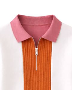 Sudadera personalizada para mujer con cremallera de un cuarto, bloques de color rosa y naranja, paneles acanalados, forro polar, estilo casual, cálida para invierno, top de ropa urbana. - Product Image 5