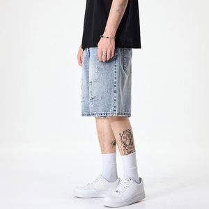 Men's Light Wash Distressed Denim Shorts Straight Leg Mid Waist Casual Summer Wear Ripped Hole Design Woven Cotton Fabric - Product Image 2