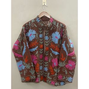 Embroidered Cotton <b>Jacket</b> <b>Women</b> Mandarin Collar Full Sleeve Floral Pattern Spring Zipper Closure Prairie Chic Style - Product Image 1