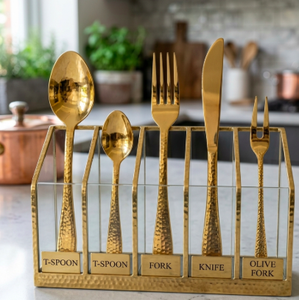 Hammered Handle Round Edges Gold <b>Flatware</b> Set Mirror Polished Stainless Steel Dinnerware Wedding Tableware Dishwasher - Product Image 6