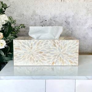 Caja para pañuelos hecha a mano con incrustaciones de nácar: Diseño vintage de nácar, diseño floral con incrustaciones, diseño floral geométrico cuadrado - Product Image 5