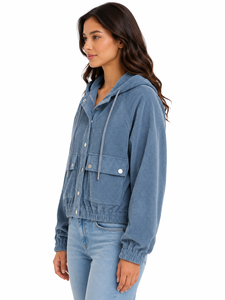 เสื้อแจ็คเก็ตผู้หญิง Livster Premium รุ่น Winter Blue Corduroy แบบมีฮู้ด ผ้าคอร์ดูรอยเนื้อนุ่ม สไตล์ลำลอง ตัวเสื้อแบบครอป ติดกระดุมแป๊กด้านหน้า พร้อมเชือกผูก - Product Image 2