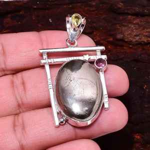 Pyrite <b>Pendant</b> With <b>Citrine</b> And Pink Tourmaline Natural Golden Pyrite Oval 925 Sterling Silver Handmade Statement Necklace - Product Image 3