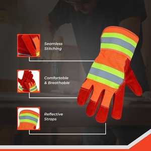 High Visibility Red Split Cowhide Leather Work Gloves With Reflective <b>Strip</b> Fluorescent Drilled Cotton <b>Fabric</b> Safety Cuff - Product Image 2