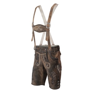 <b>Men's</b> <b>Brown</b> Leather Lederhosen With Embroidery Floral Pattern High Waist Casual <b>Shorts</b> Breathable Handmade Bavarian Style - Product Image 4