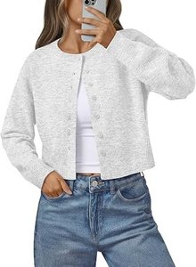 Cardigan en tricot gris clair pour femme, col rond, manches longues, boutonné - Product Image 6