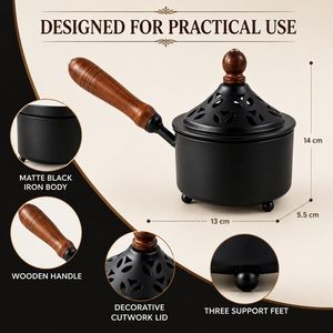 Bol de brûleur en fonte avec couvercle amovible et poignée en bois |   Brûleur d'encens au charbon ventilé anti-odeur |   Modèle de magasin en laiton impérial - Product Image 4
