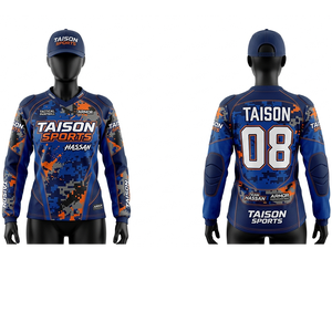 Camiseta de Paintball para Mujer, 180 GSM, Tela de Poliéster Transpirable, Diseño de Panel de Camuflaje Digital Azul y Naranja, Sublimación, Logotipo Personalizado - Product Image 1