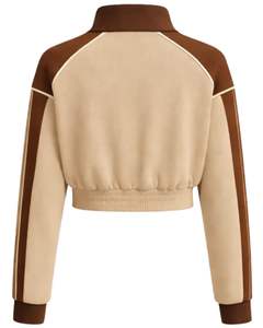 Chaqueta deportiva corta beige marrón para mujer con cremallera, para gimnasio, fitness, ropa deportiva, con rayas en contraste, para entrenamiento, fabricante. - Product Image 2