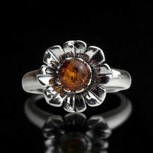 Bague ajustable en ambre de la Baltique avec fleur, en argent délicat, minimaliste, avec pierre précieuse, petite, empilable, pour femme - Product Image 1