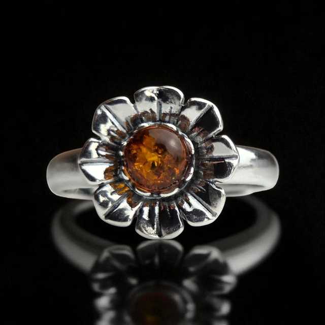 Adjustable Honey Baltic Amber Flower Ring Dainty Silver Minimalist Gemstone Tiny Stackable Jewelry Women Rhodium Plated Vintage