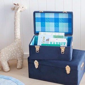 Navy Blue Velvet <b>Trunk</b> Set Of 2 Features Gleaming Gold Hardware And Side Handles For Luxurious, Elegant Home <b>Storage</b> Decoration - Product Image 5