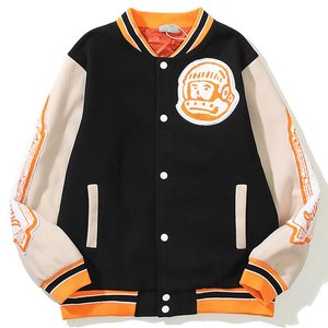 Blouson universitaire pour homme noir, beige, orange avec patch brodé astronaute, col rabattu, coupe droite, idéal pour l'automne - Product Image 1