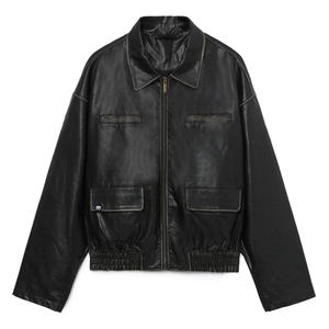 OEM High Quality <b>Long</b> Sleeve Crackled Leather Round Neck Zip Fly <b>Men</b> <b>Jacket</b> - Product Image 1
