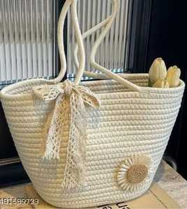 Sac cabas en paille pour femme, style bohème avec décoration florale, sac de plage léger, décontracté, ouvert, deux poignées, prêt à être expédié - Product Image 5