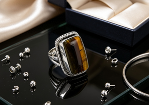 Art Palace Tiger Eye Natural Gemstone <b>Ring</b> 925 <b>Silver</b> Plated Emerald Cut Geometric Rustic Style Unisex Jewelry - Product Image 2