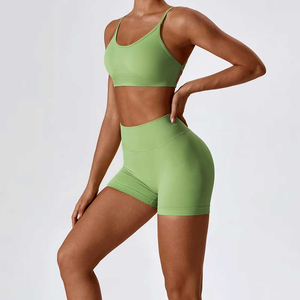 Women Yoga <b>Set</b> <b>Green</b> Seamless Racerback Crop Top High Waist Shorts 2 Piece Workout Sportswear Front Logo Spandex/Nylon - Product Image 4