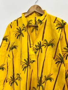 ชุดเดรสผ้าฝ้ายลายต้นปาล์มสีเหลือง: ชุดคลุมชายหาดสไตล์โบโฮทำมือ - Product Image 4