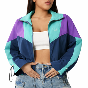 Chaqueta cortavientos retro de nailon con bloques de color para mujer, al por mayor, con cremallera frontal personalizada, ropa exterior informal de moda, proveedor B2B de chaquetas para hombre - Product Image 4