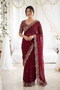 Sari de Seda Color Granate con Bordado Dorado para Boda, Traje Tradicional Indio para Mujer, Largo hasta el Suelo, Corte Regular, Protección Solar, para Todas las Estaciones - Product Image 3