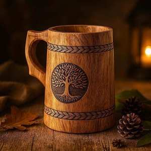 Vintage Wooden <b>Beer</b> Mug Handmade Eco-Friendly Lid Handgrip CE Certified Microwave Safe for Men Camping Travel Outdoor Engraved - Product Image 5