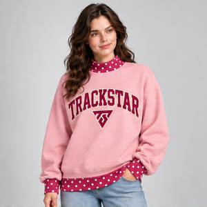 Women's Dusty <b>Pink</b> Mock Neck <b>Sweatshirt</b> with Deep <b>Pink</b> Polka Dot Trim and Varsity Graphic Long Sleeve Casual Pullover Custom - Product Image 2
