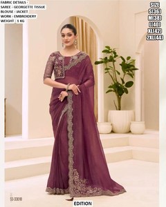 Ziya Women's Winter Traditional Embroidered Festive Saree-<b>Tissue</b> Georgette Moisture Wicking Wrinkle Free <b>Wedding</b> Party Occasions - Product Image 3