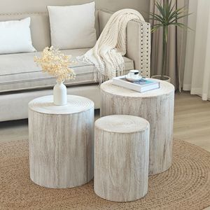 Set di 3 tavolini da caffè in legno bianco anticato con anelli di crescita dell'albero chiari e visibili - Product Image 2