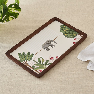 Rectangular Wooden <b>Decorative</b> Tray With <b>Elephant</b> And Plant Pattern Bohemian Style Animal Print Design - Product Image 1